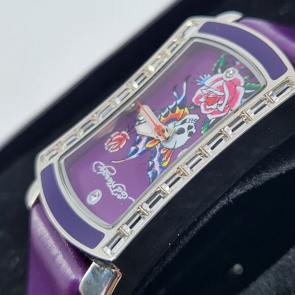 Ed Hardy Quartz Skull Butterfly Rose Leather Purple Watch Japanese Mvmt 3ATM HTF - Picture 14 of 16